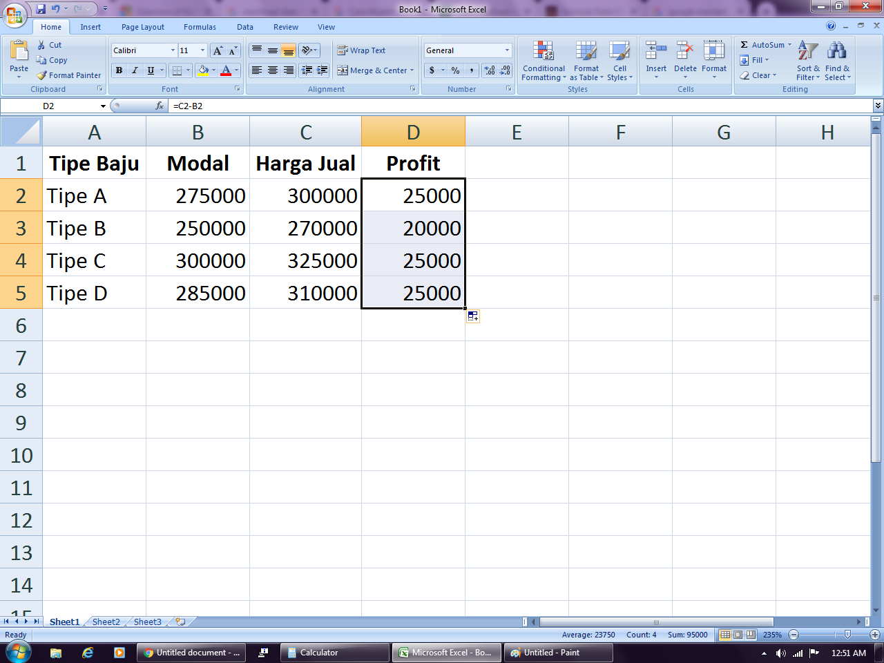 Contoh penggunaan fungsi AVERAGE pada Microsoft Excel
